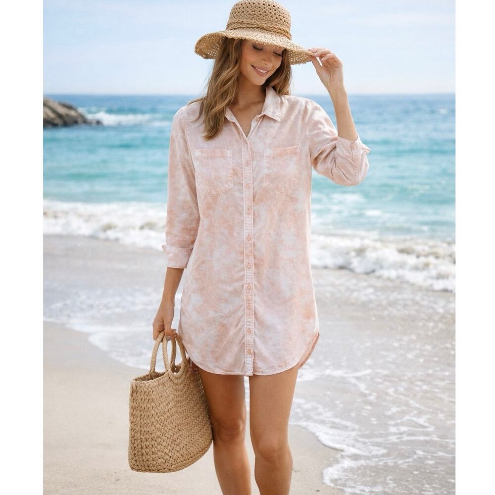 GUESS Tie Dye Shirt Dress XS Pink White Button Down Beach Cover Up Lightweight